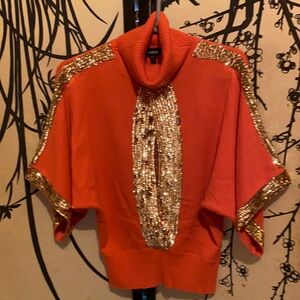 Bebe Watermelon Orange & Gold Sequin Kimono Sleeves Wool Sweater